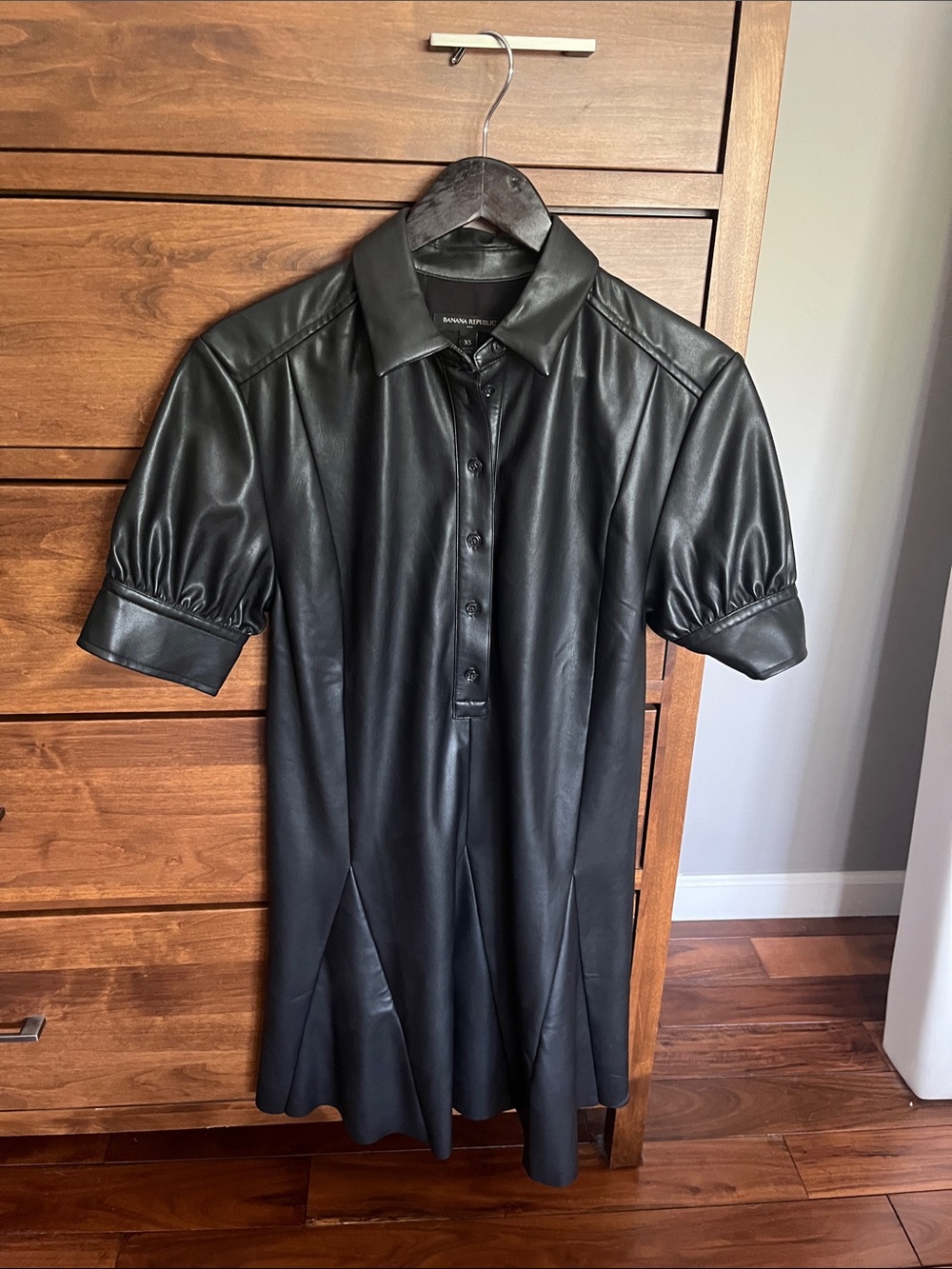 Banana Republic Black Short-Sleeve Faux Leather Button-Front Shirt Dress - Picture 2 of 9